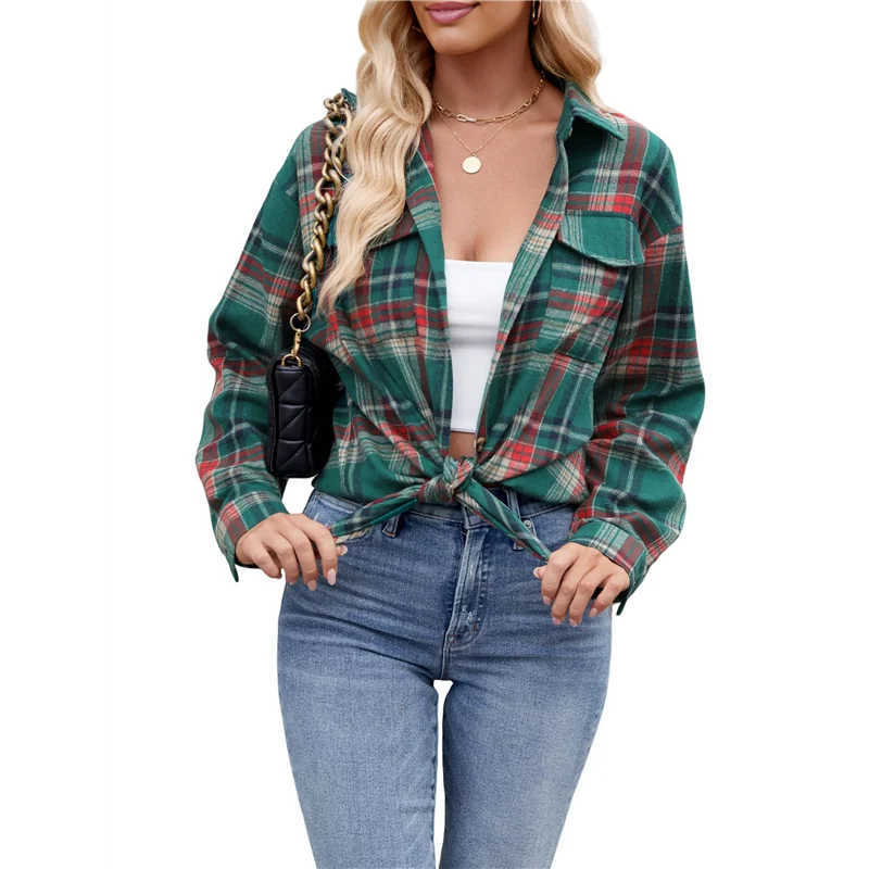 

FX-Womens Classic Button Down Plaid Flannel Shirts Long Sleeve Oversized Casual Business Blouse Tops