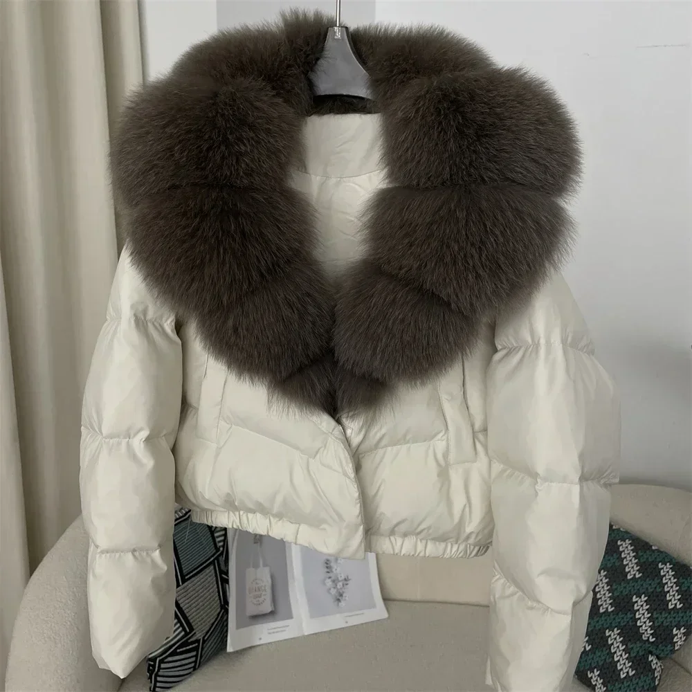 OFTBUY White Duck Down Jacket Feather Short Puffer Jacket Women Thick New Big Natural Real Fox Fur Jacket Winter Fur Coat Female