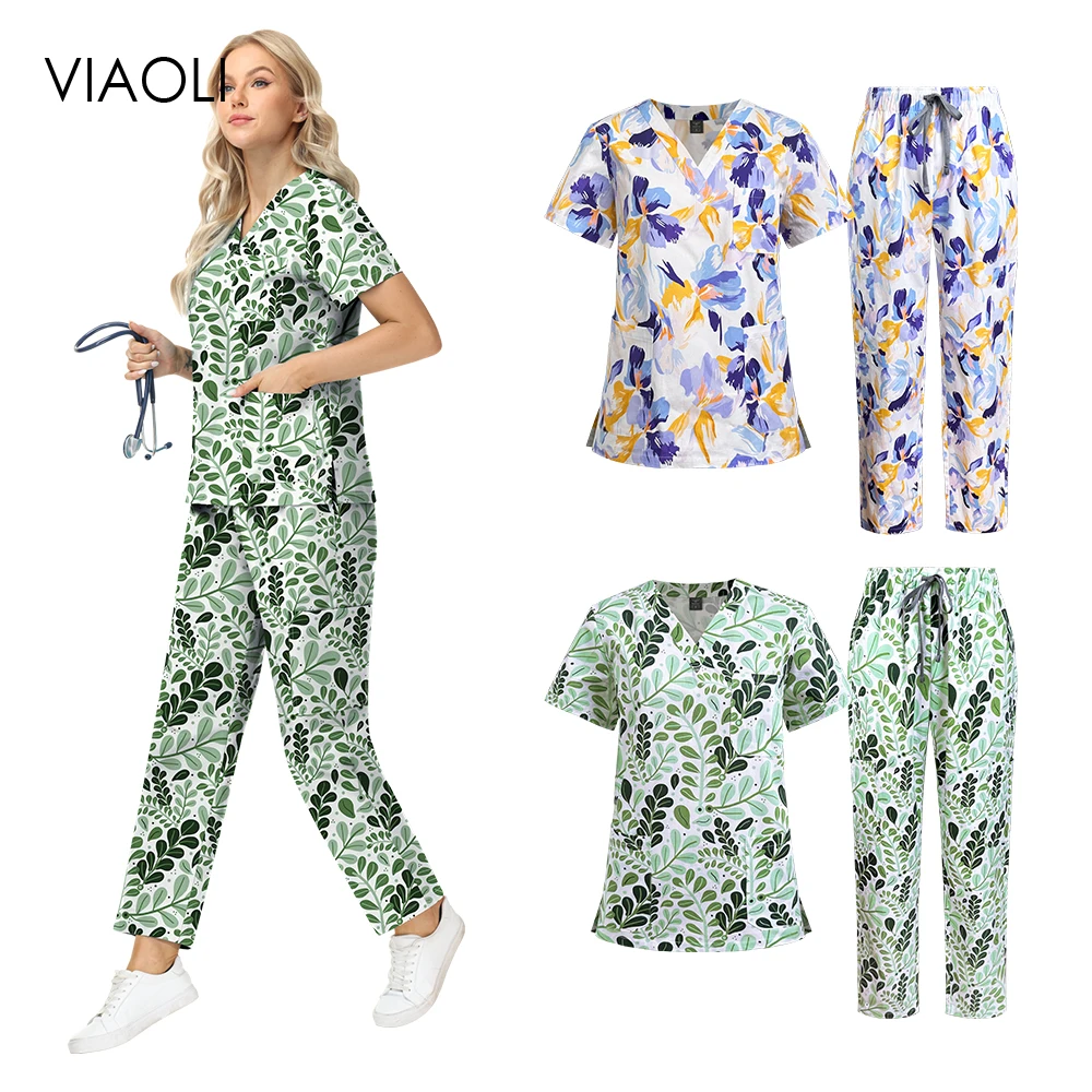 100% algodão impresso enfermeira workwear uniformes cirúrgicos mulher artigos de enfermagem macia blusa médica calças retas define uniformes spa