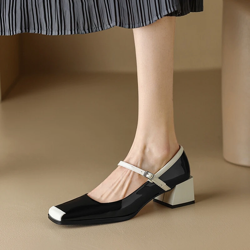 2023 Spring/Autumn Women Shoes Square Toe Chunky Heel Mary Janes Mixed Color Women Pumps Patent Leather Shoes Fashion High Heels