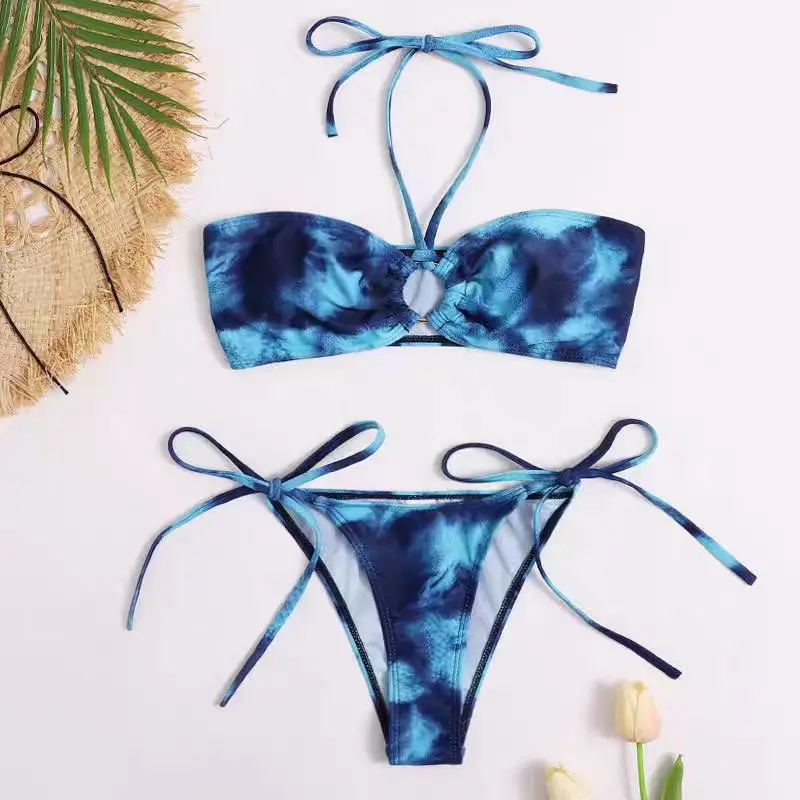 Sexy Wax printing Bikini Set Swimwear For Women Fashion Low Waist Drawstring Tankini Swimsuit Summer Beach Vacation Fashion Swim