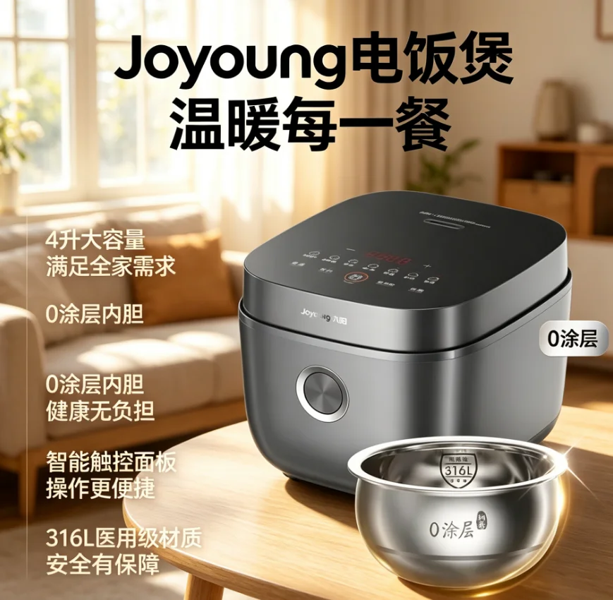 220V Joyoung Rice Cooker 4-liter Household Rice Cooker Stainless Steel Gall 0 Coating Intelligent