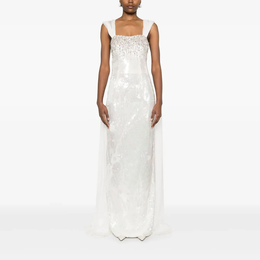 

Gliter Sequin Ivory Evening Gown For Wedding Sheath Formal Party Dress Sleeveless Saudi Dress Floor Length Beading Prom Dress