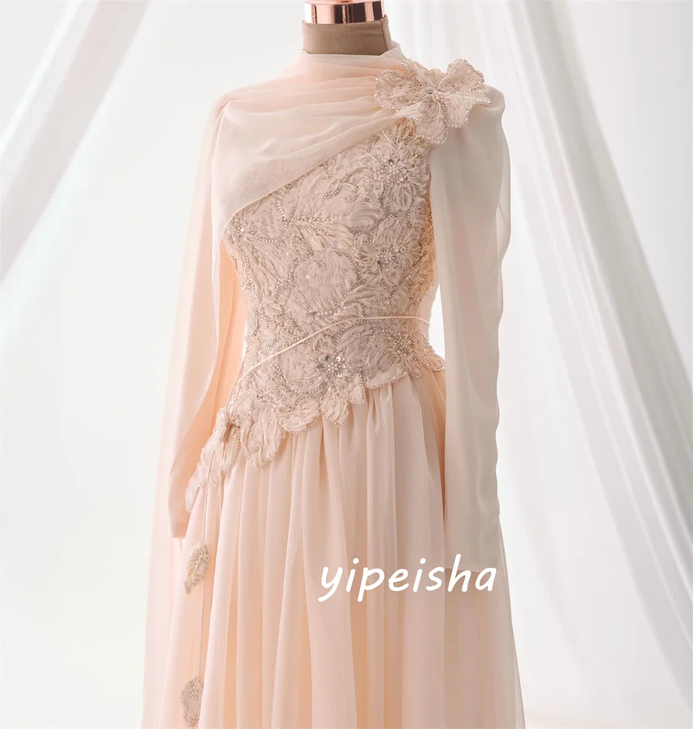 Customized Intricate Matching Chiffon Handmade Flower Beading Sequined A-line High Collar Floor-Length Evening Dresses for Woman