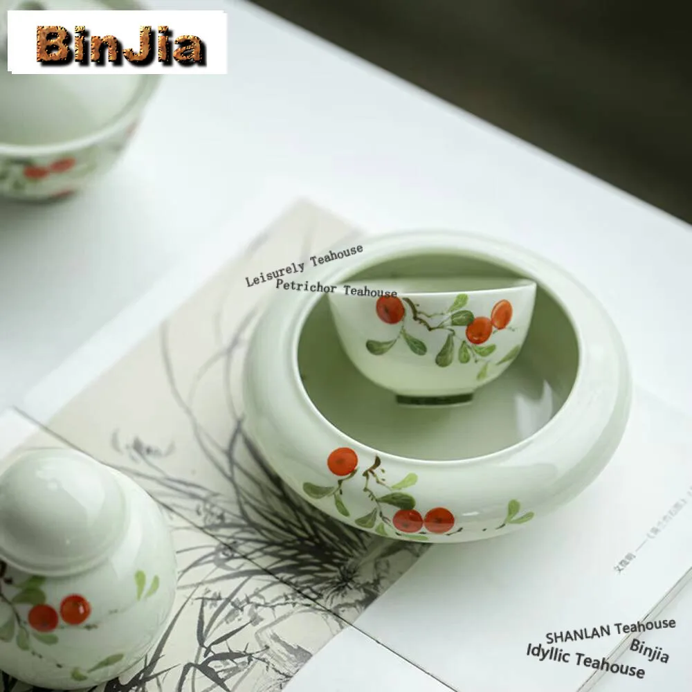 Hand Drawn Persimmon Ceramic Jianshui Ancient Tea Cup Wash Writing-brush Washer Tea Residue Barrel Chaxi Teaset Decoration Craft