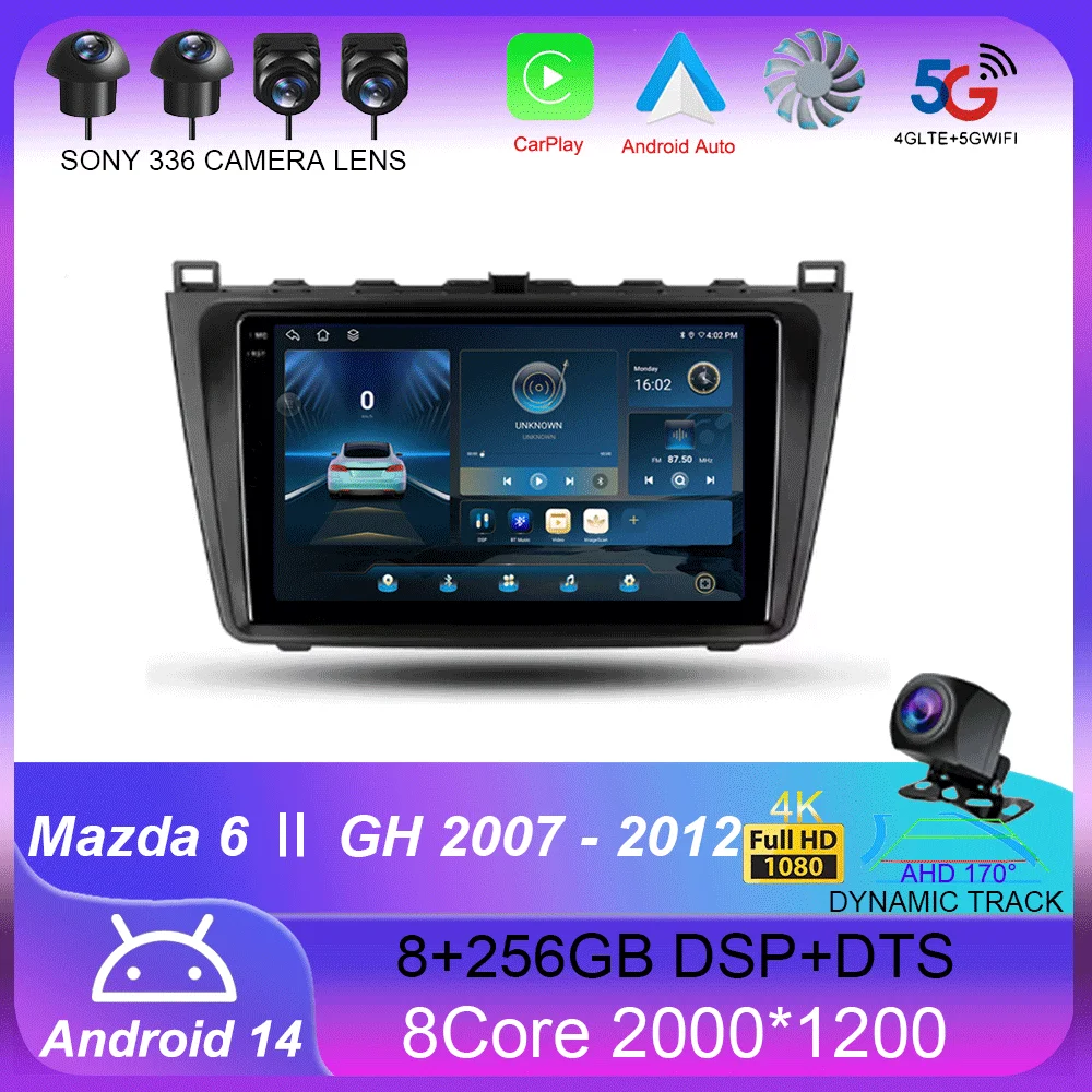 

Автомагнитола для Mazda 6 Ⅱ GH 2007 - 2012 Carplay Auto 4G + WIFI GPS, радио-навигация, мультимедийный видеоплеер, стерео BT Android 14