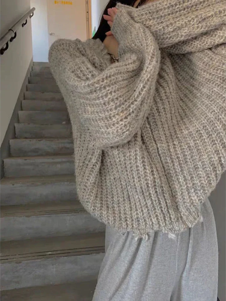 Deeptown Vintage Gray Cropped Cardigan Women Harajuku Kpop Oversized Hooded Sweater Korean Zipper Knitwear Top Grunge Streetwear