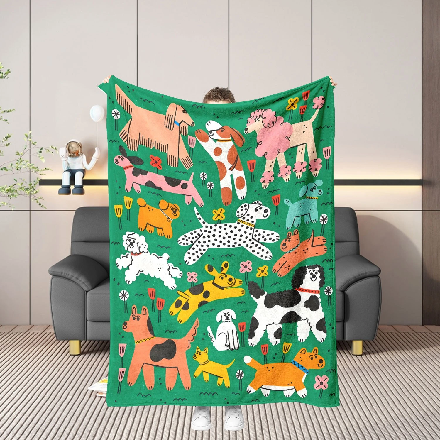 VIKAMA Green Base Cartoon Puppy Fleece Blanket,Wildflower Pet Dog Print Sofa Throw,Farmhouse Country Home Decor Bed Cove