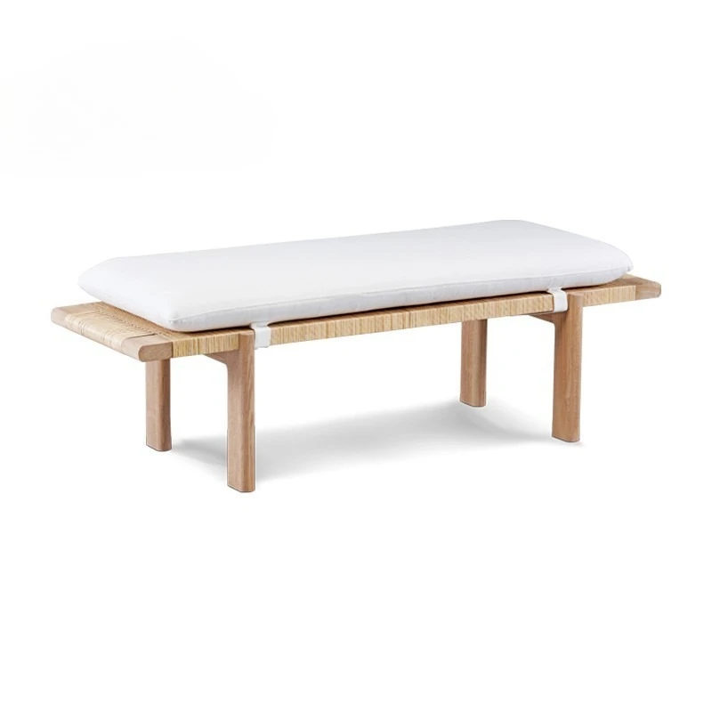 Solid wood rattan bed end stool, fabric bedroom, fitting room, cotton linen seat cushion, wabi-sabi style bench, shoe bench
