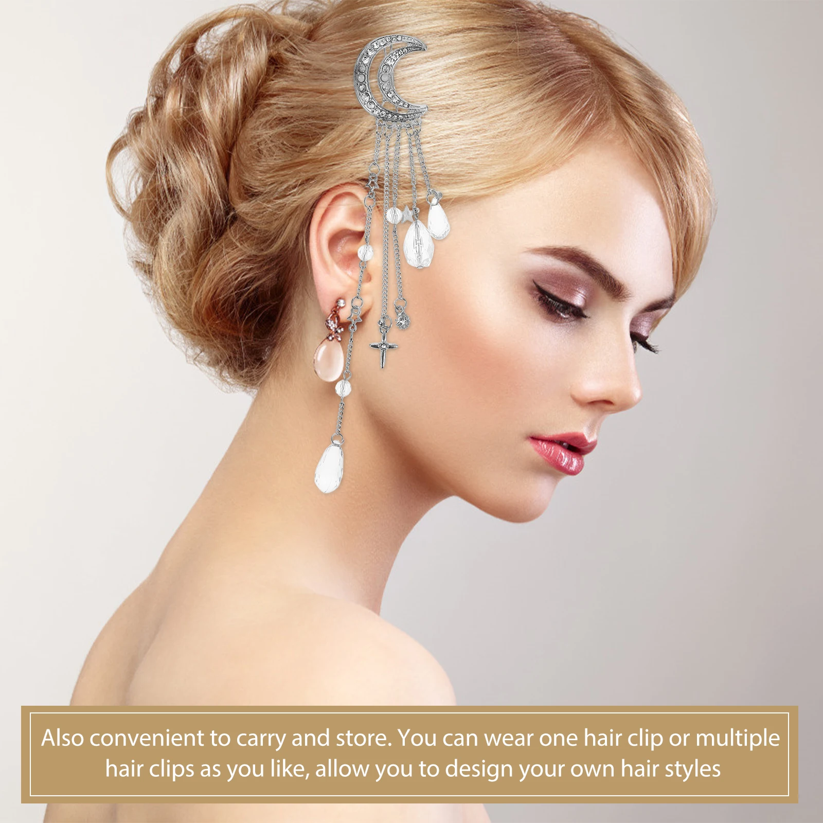 

2pcs Hair Claw Clips Rhinestone Dangle Moon Bridal Hairpin Accessories for Women Thick Thin Curly Straight Hair Embellishment