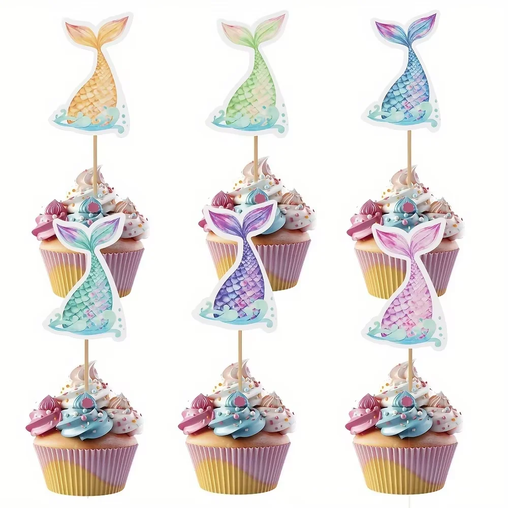 

Pastel Mermaid Tail Cupcake Toppers, Colorful Scale Wave Cake Picks Perfect for Under Sea Girls Birthday Cupcake Decorations