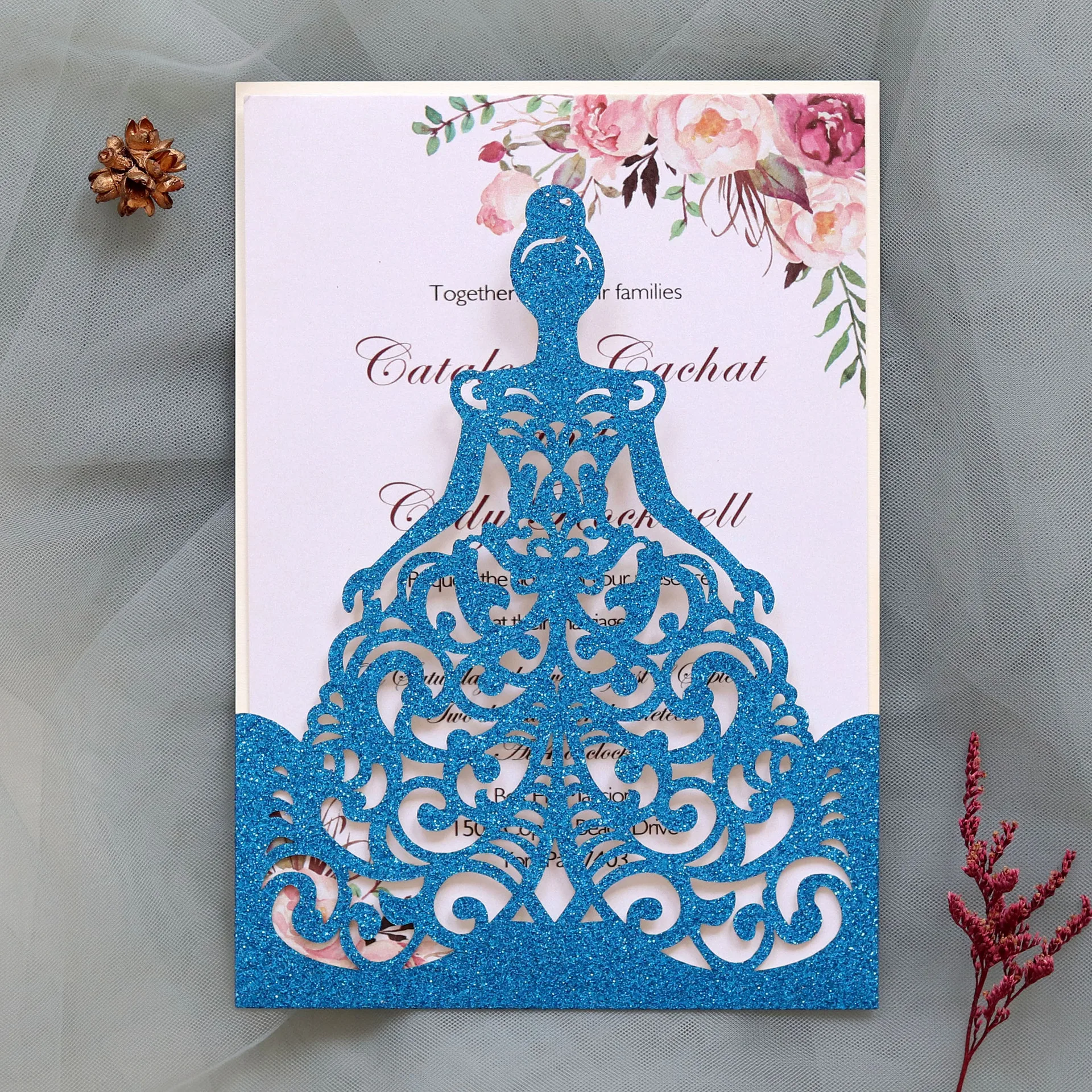 

50Pcs Glitter Laser-Cut Dress Girl Invitations Cards Pockets For Wedding Engagement Birthday