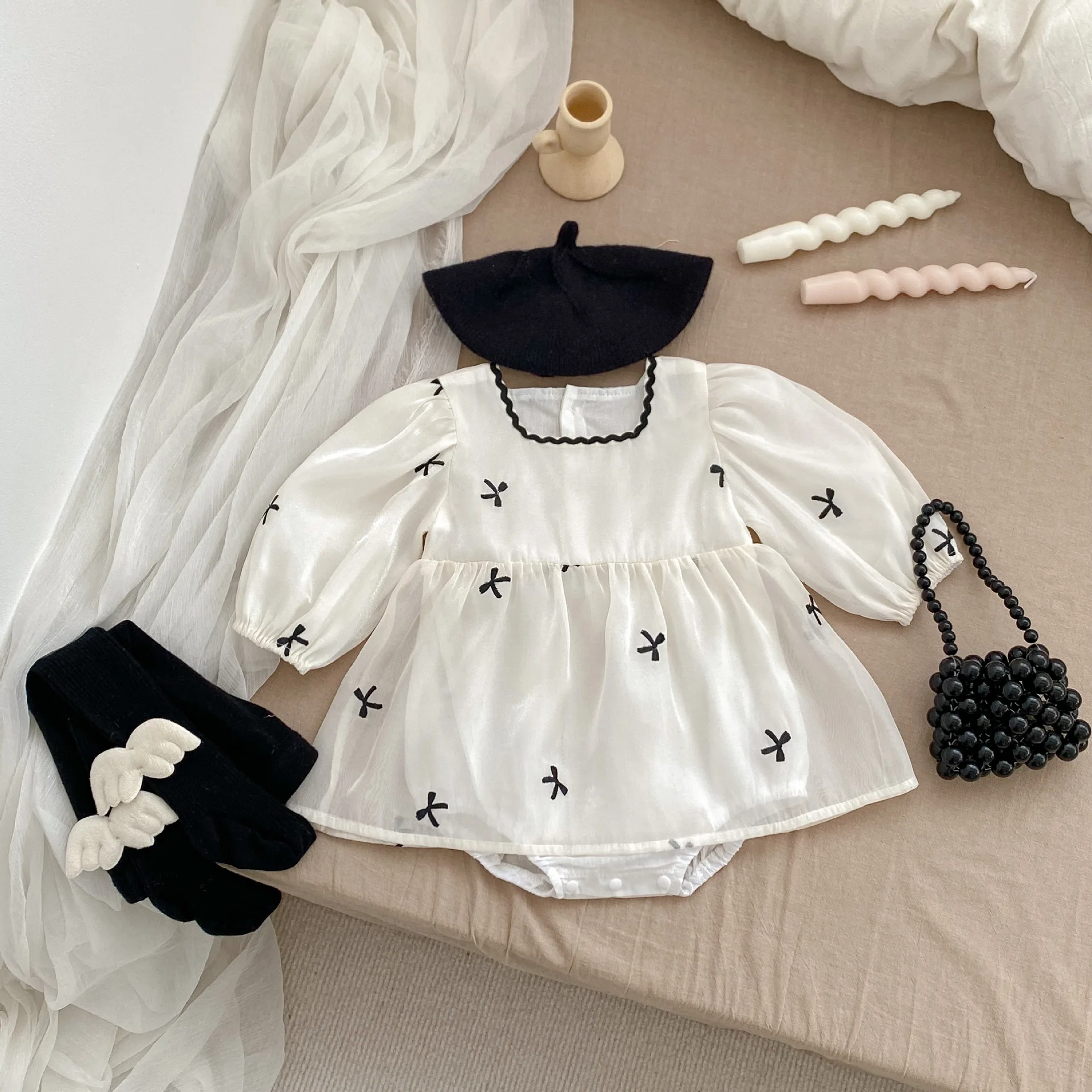 INS 2024 Baby Girl Autumn Princess Mesh Dress: Baby Girl Butterfly Bow Long Sleeve bodysuits