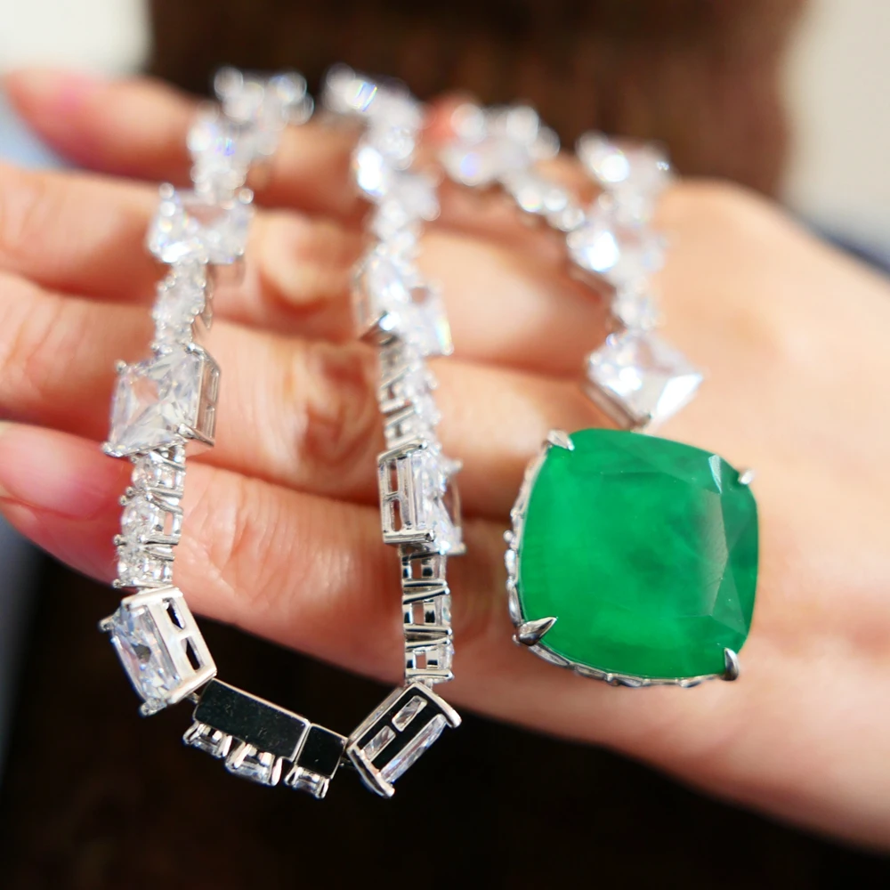 KQDANCE роскошный большой квадратный 20 мм лабораторный зеленый драгоценный камень Изумрудный Турмалин Бриллиантовая цепь для тенниса ожерелье серебряное позолоченное ювелирное изделие