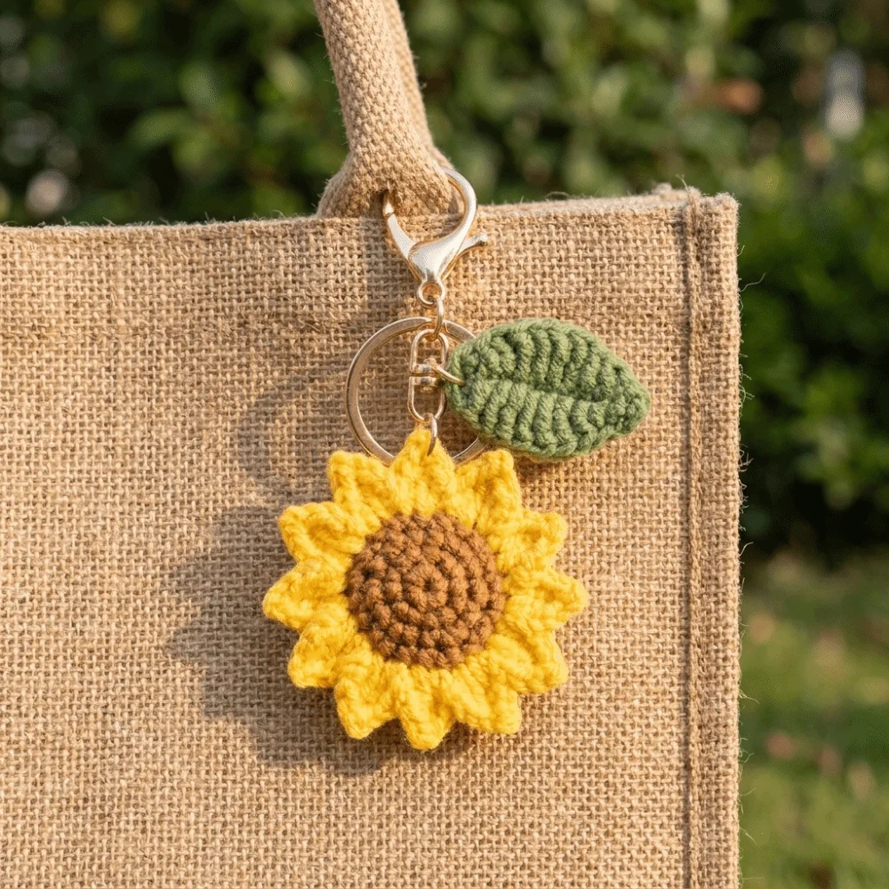 Fabric Crochet Sunflower Pendant Cotton With Rope Knitted Keychain Lobster Clasp Adjustable Bag Lanyard Charm Home Decor