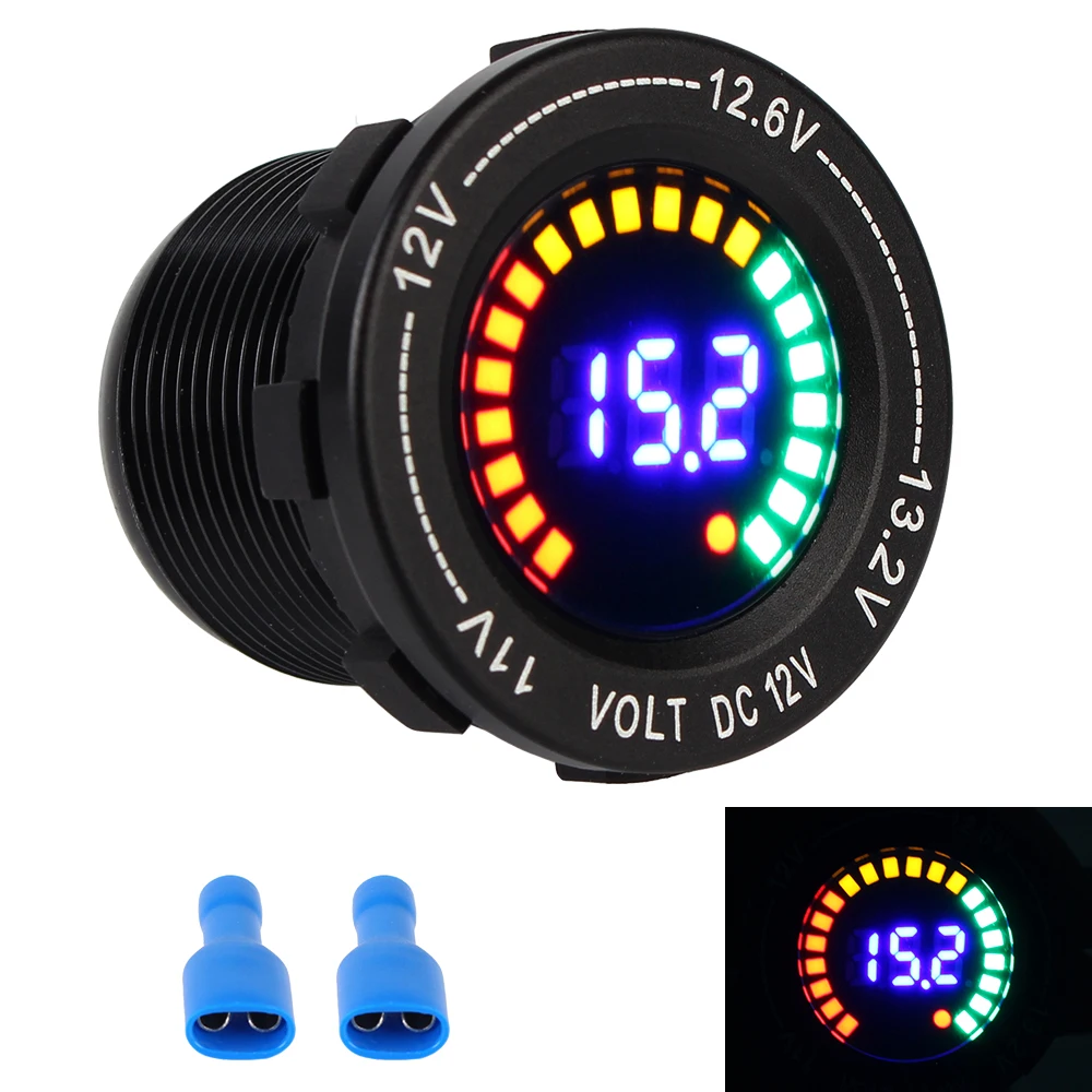 Voltmetro con display digitale DC 12V Ricambi auto per moto, auto, barca, schermo LED colorato in lega di alluminio