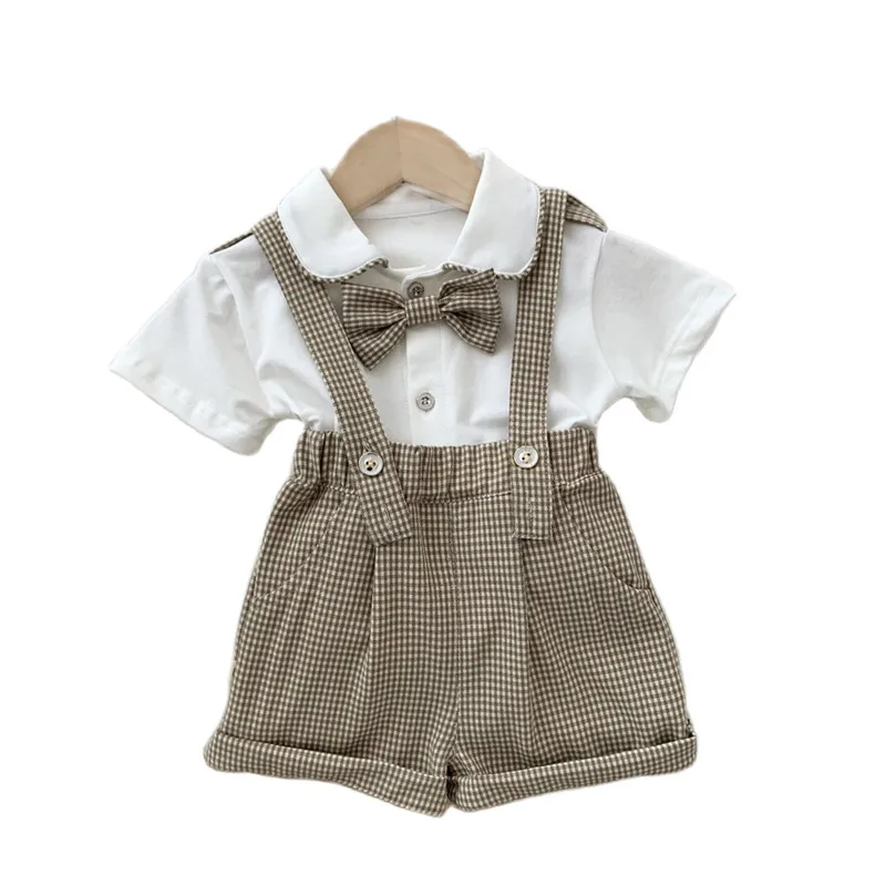 

Summer baby clothing set classic plaid boy birthday clothing set short sleeve shirt + suspenders 2-piece set