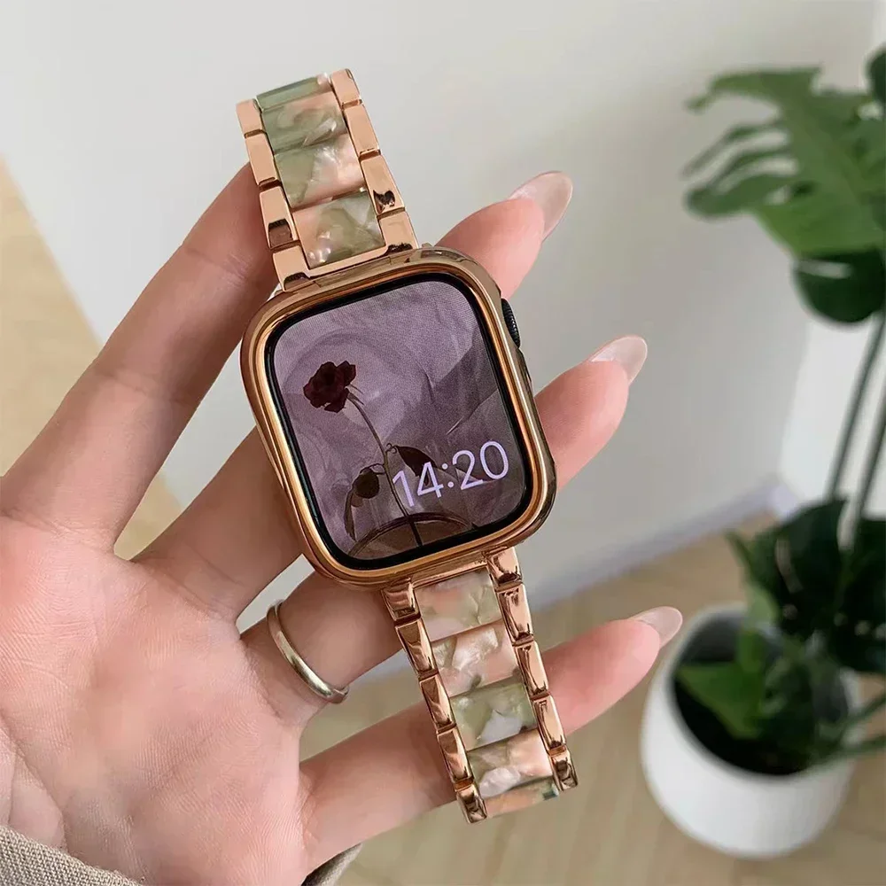 Cute Stainless Steel+resin Strap for Apple Watch Band 10 42mm 46mm 9 8 7 41mm 45mm Women Bracelet for IWatch 6 5 4 se 40mm 44mm