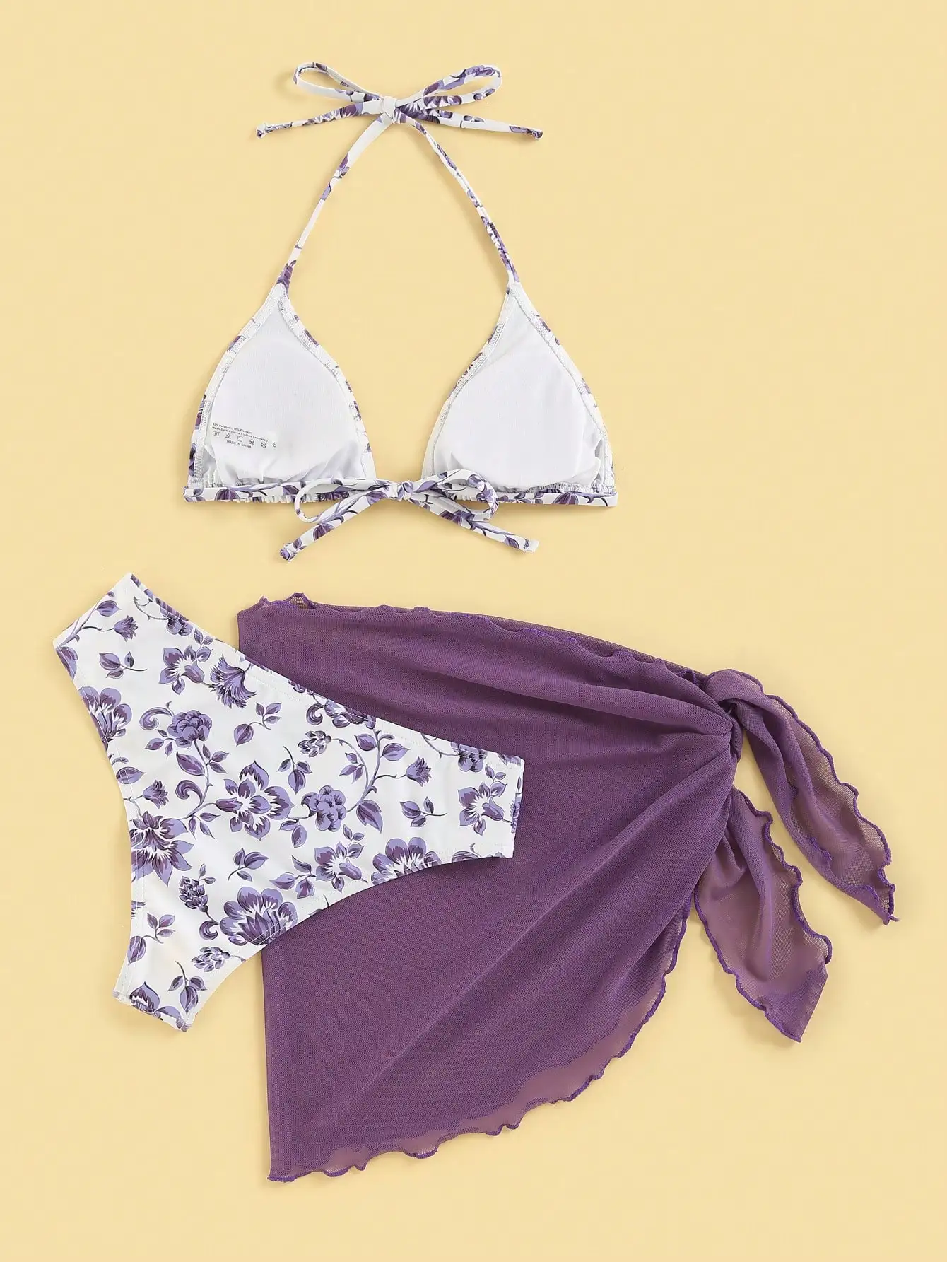 

Floral Print Halter Triangle Bikini Set With Beach Skirt