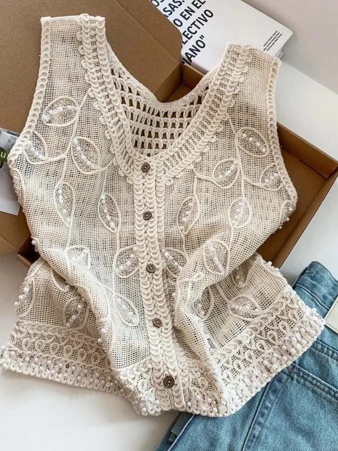 

Модный вязаный сетчатый жилет с V-образным вырезом, новинка 2026 года, универсальный, на одной пуговице, с вырезами, летний стиль, женский топ без рукавов