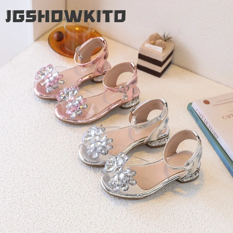

JGSHOWKITO Luxury Kids Princess Sandals Summer Rhinestone Girls Dress Sandals Non-slip Breathable Children Low Heel Party Shoes