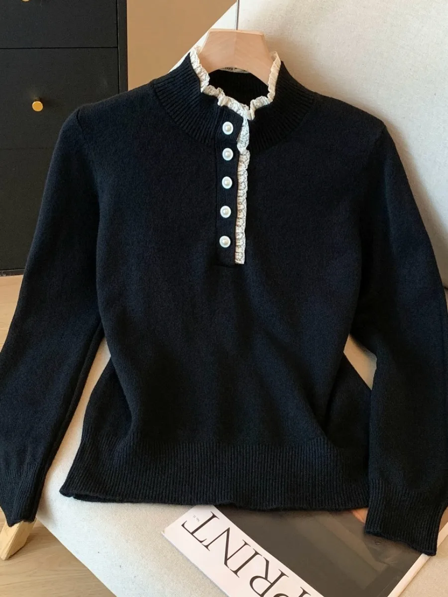 ay Spitzenbesatz f Strickpullover mit hohem Kragen für Damen, Herbst und Winter, Innenbekleidung, selbstklebendes Sle, koreanische Version, schmale Passform