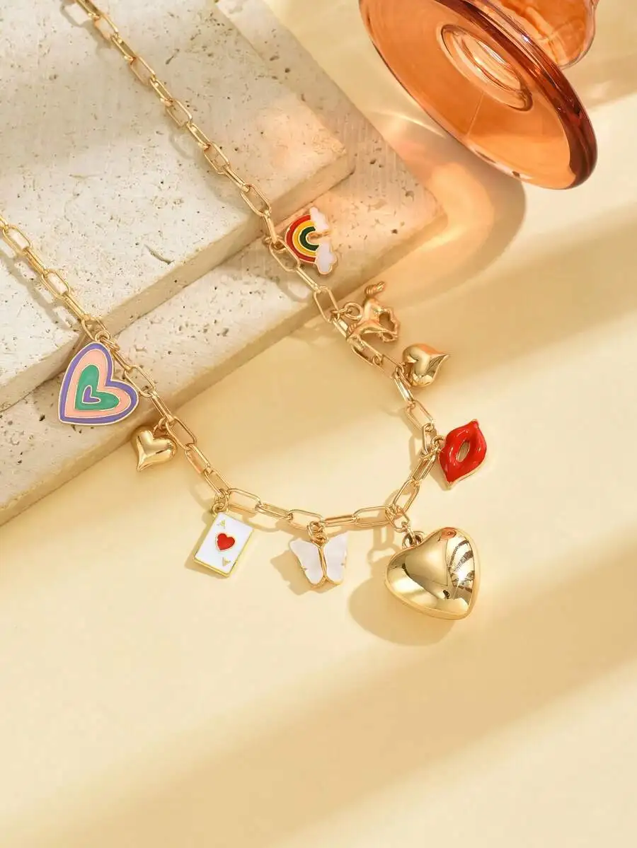 

Fashion Charm Pendant Necklace With Heart Lips Butterfly Rainbow Horse For Women Daily Wear Party
