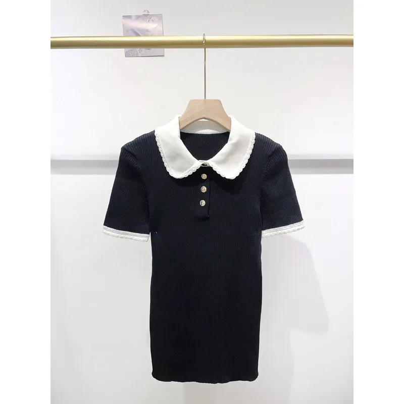 Black Ribbed Knit Shirt Women White Lace Peter Pan Collar Short Sleeve Metal Button Slim Casual Summer Basic Tee