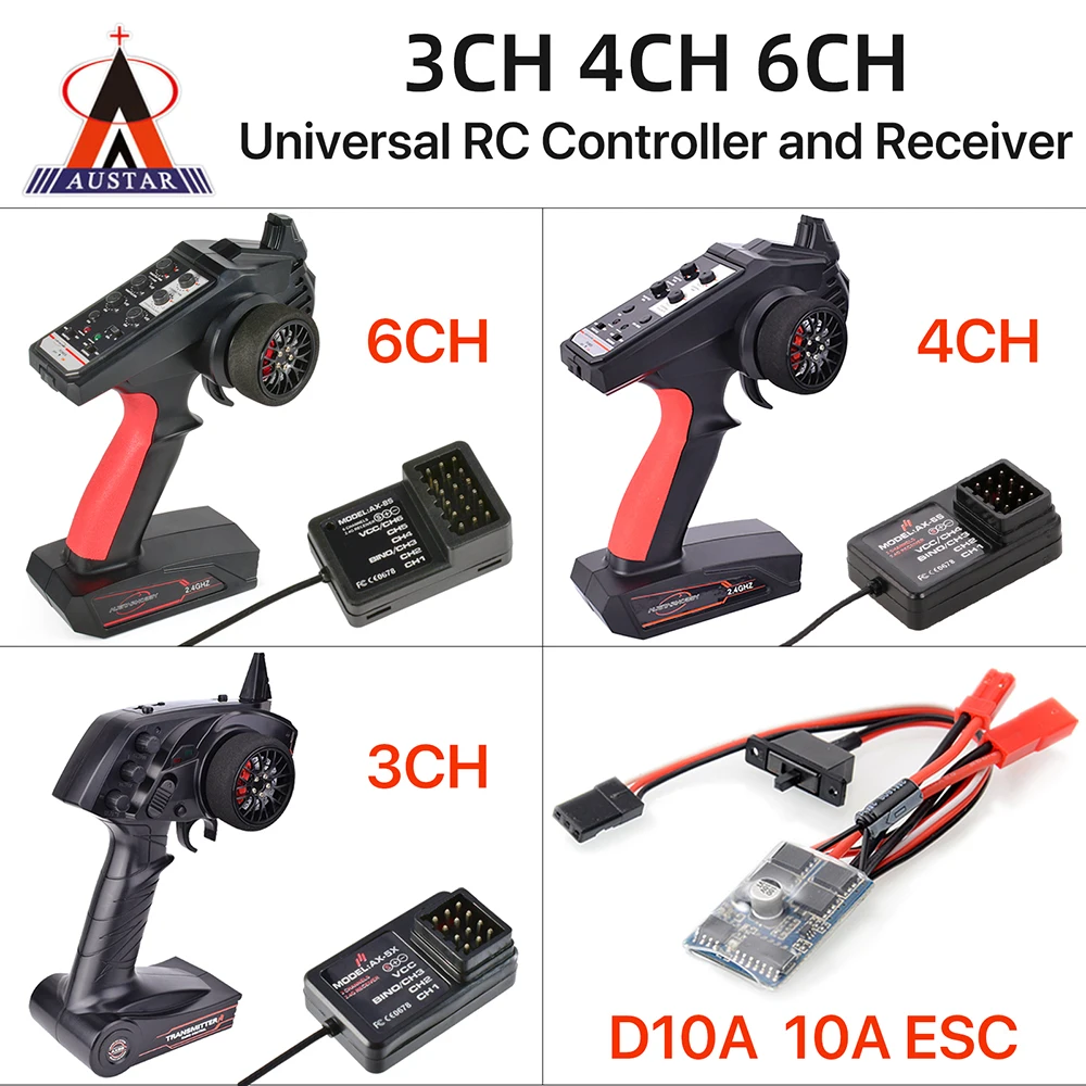 

AUSTAR RC Transmitter and Receiver 2.4G 3CH 4CH 6CH Universal RC Controller and Receiver Kit for 1/10 1/8 Crawler MN90 D12 TRX4