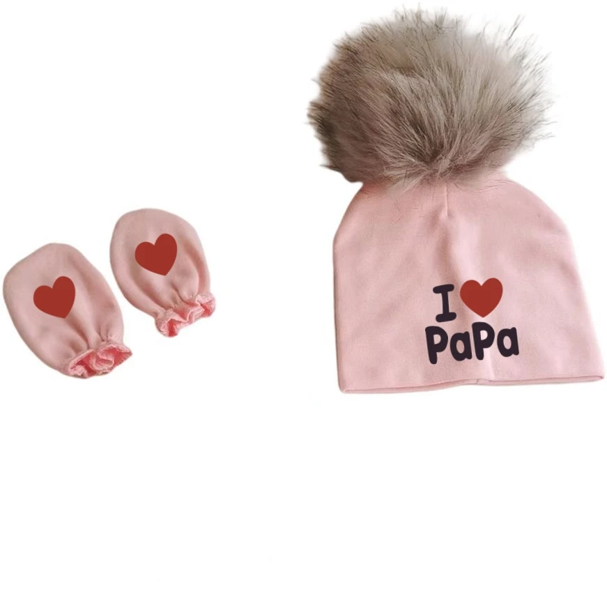 Gorro de algodão com pompom para bebê recém-nascido, adereços fotográficos, chapéu destacável, gorro com luvas, capas para os pés, eu amo mamãe