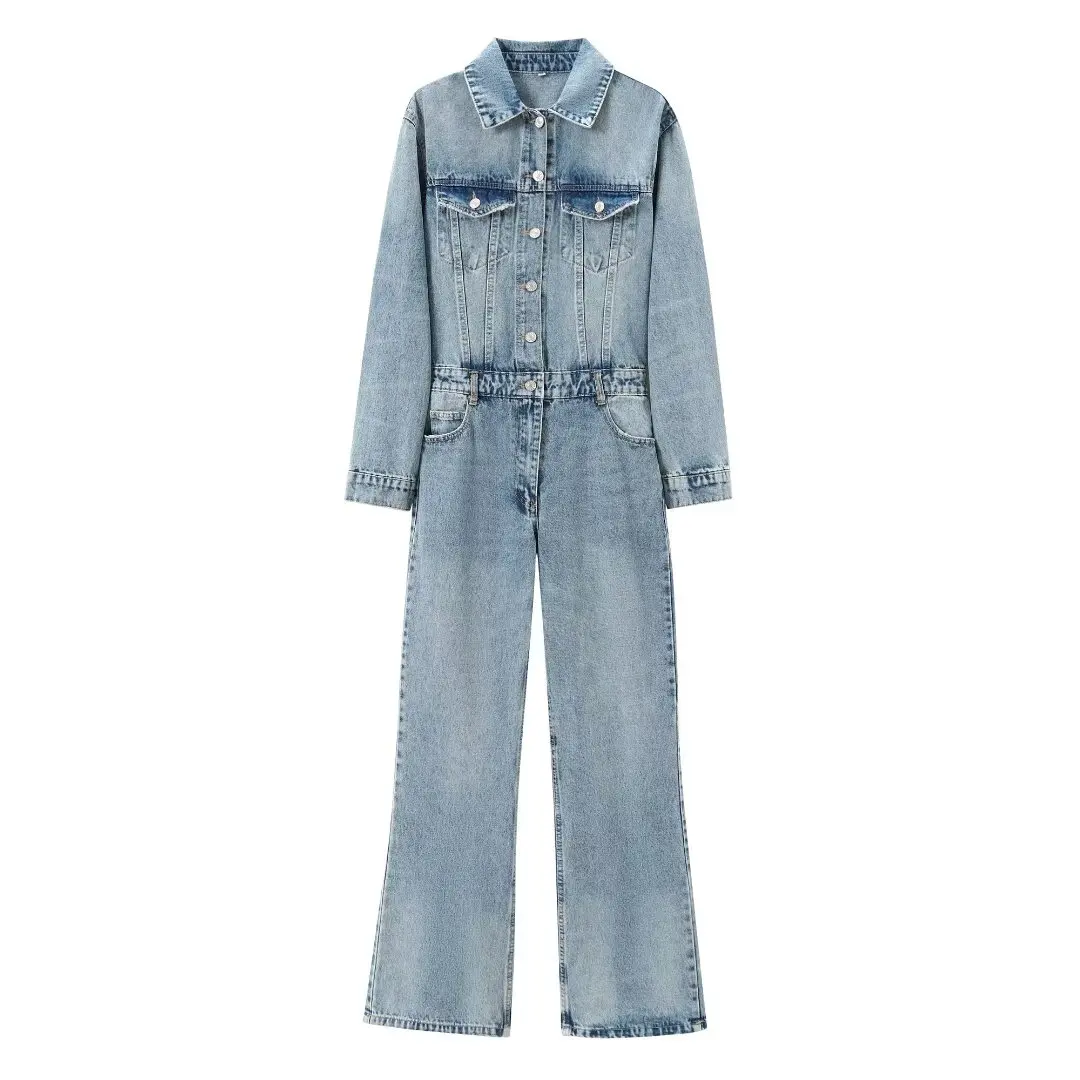 European American Style Women's Denim Jumpsuit 2024 Autumn Cool Girl Lapel Single Breasted High Waisted Pants Fashion Trousers