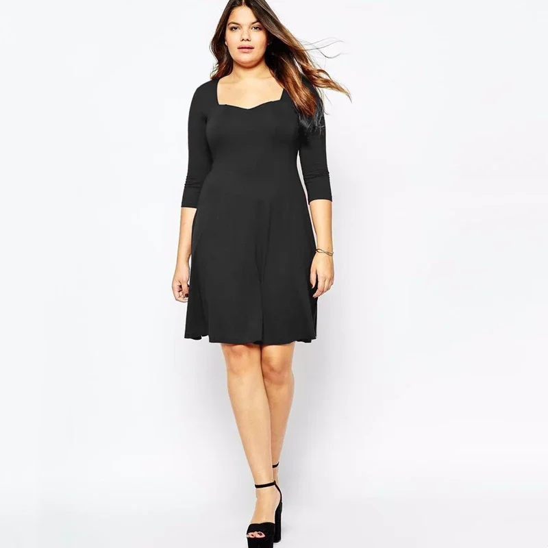 Plus Size Square Neck A-line Dress Women Quarters Sleeve Knee Length Elegant Office Lady Dress Spring Casual Dress 5XL 6XL 7XL