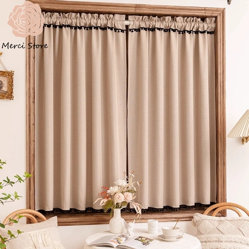 

Beige Cotton Linen Blackout Kitchen Shielding Curtain for Living Room American Retro Door Short Half Cabinet Drilling Drapes