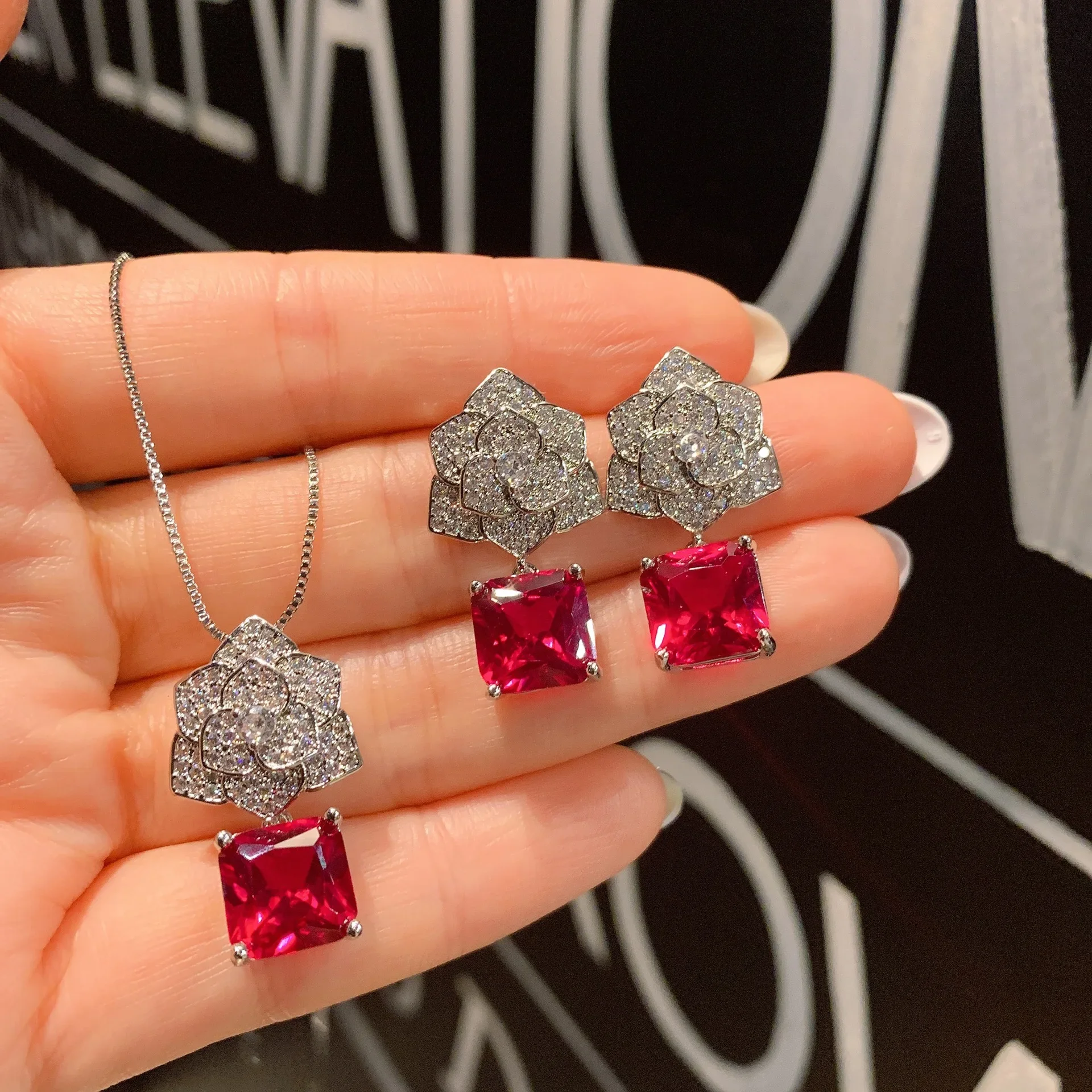 

Square Ruby Gemstone Camellia Flower Necklace Earrings Pendant Jewelry Sets for Women Wedding Anniversary Free Shipping Items