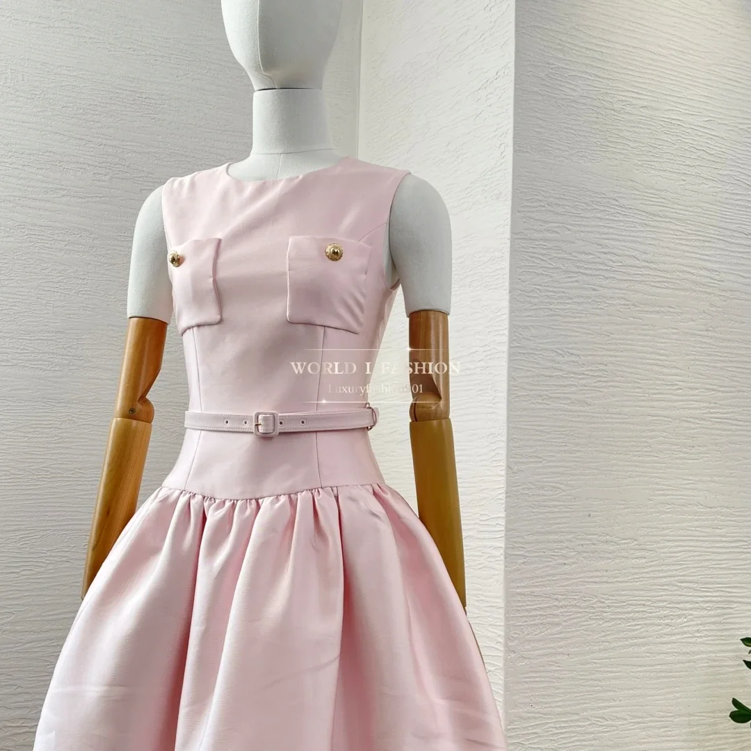 Women's High Quality Elegant Pink Sleeveless Belted Midi Dress