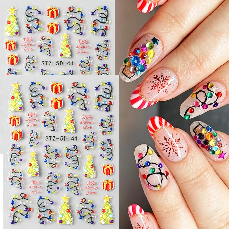 2pcs 5D Embossed Christmas Nail Stickers Colorfu Light Strip Christmas Tree Gift Box Xmas Nail Art Decals New Year Nail Decor