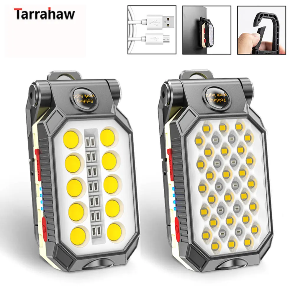 Luz de trabajo COB recargable por USB multifunción, linterna LED portátil, 5 modos, ajustable, impermeable, diseño magnético para acampar