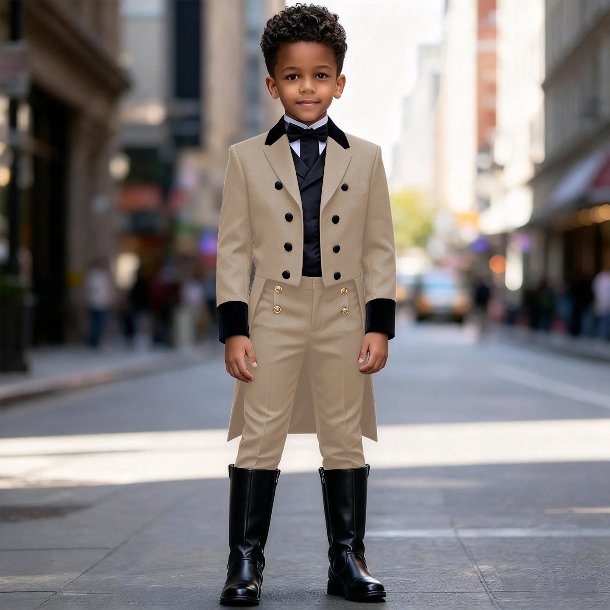 Beige Tailcoat Wedding Suits 3 Pieces For Kids, Boys Slim Fit Tuxedo Performance Costumes,Formal Long Blazer Banquet Outfit