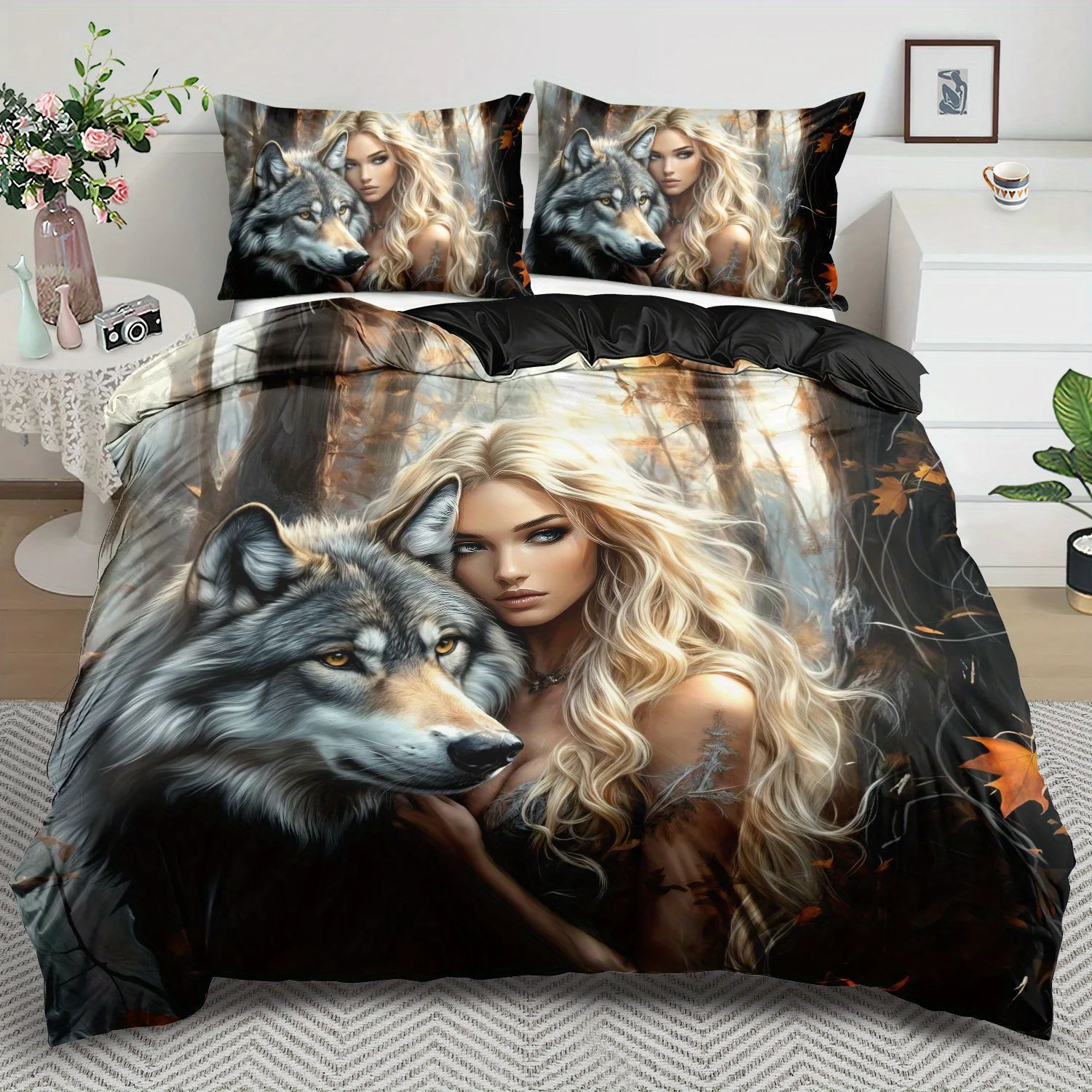 

Animal Theme Down Wolf and Beauty Pattern Printed Duvet Cover Set - Comfortable and Breathable, Beauty Theme Printed Bedding Set