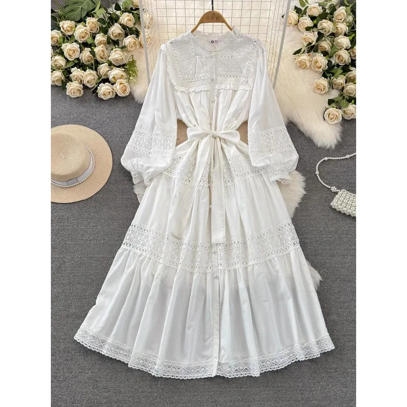 

Women Sweet Temperament Lantern Sleeved Stand Collar Waistband Slim A-line Hollow Out Dress Vestidos