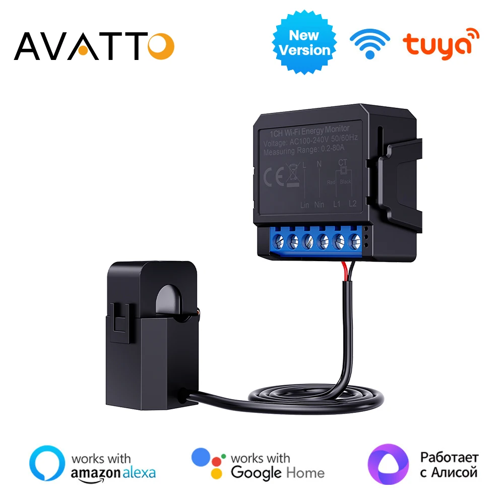 AVATTO Tuya WiFi Smart Energy Meter，Clamp KWh Power Production Consumption Bidirectional Monitoring Meter APP Remote Control