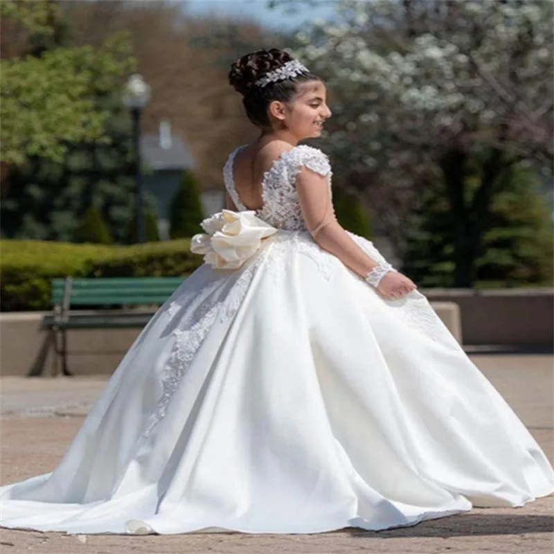 Vestidos blancos elegantes de manga larga con espalda hueca hasta el suelo para niña, vestidos de primera comunión de encaje para boda de 2 a 14 años