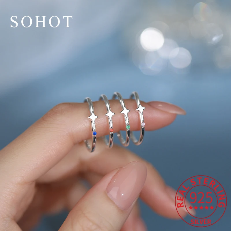 

Real 925 Sterling Silver Colorful Zircon Geometric Star Opening Ring for Women Cute Fine Jewelry Light Luxury Accessories