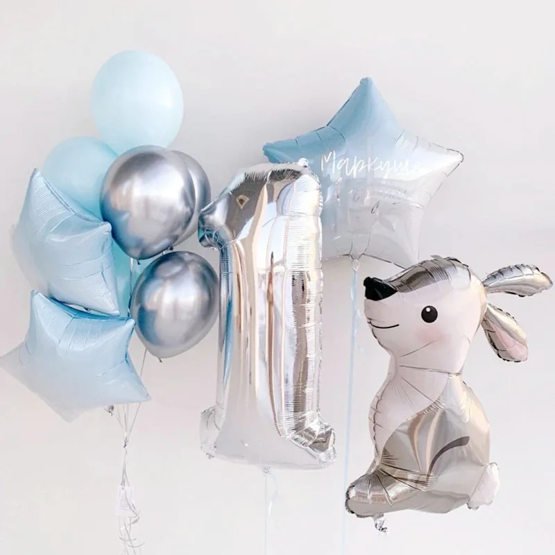 12pcs Silver Number Rabbit Animal Foil Balloons Happy Birthday Party Decorations Kids Boy 1 2 3 4 5 6 7 8 9 Year Old Supplies