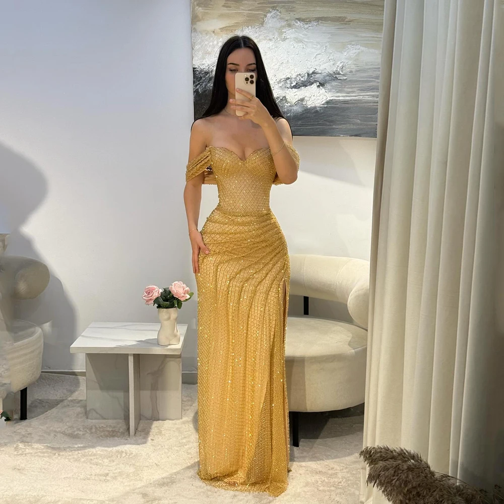 

Luxury Sequins Sweetheart Mermaid Prom Dress Side Split Off Shoulder vestidos de noiva Customized Evening Dresses Floor Length