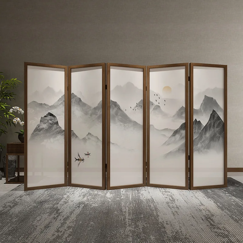 Chinese solid wood screen folding mobile living room entry door partition block hotel simple modern landscape folding screen