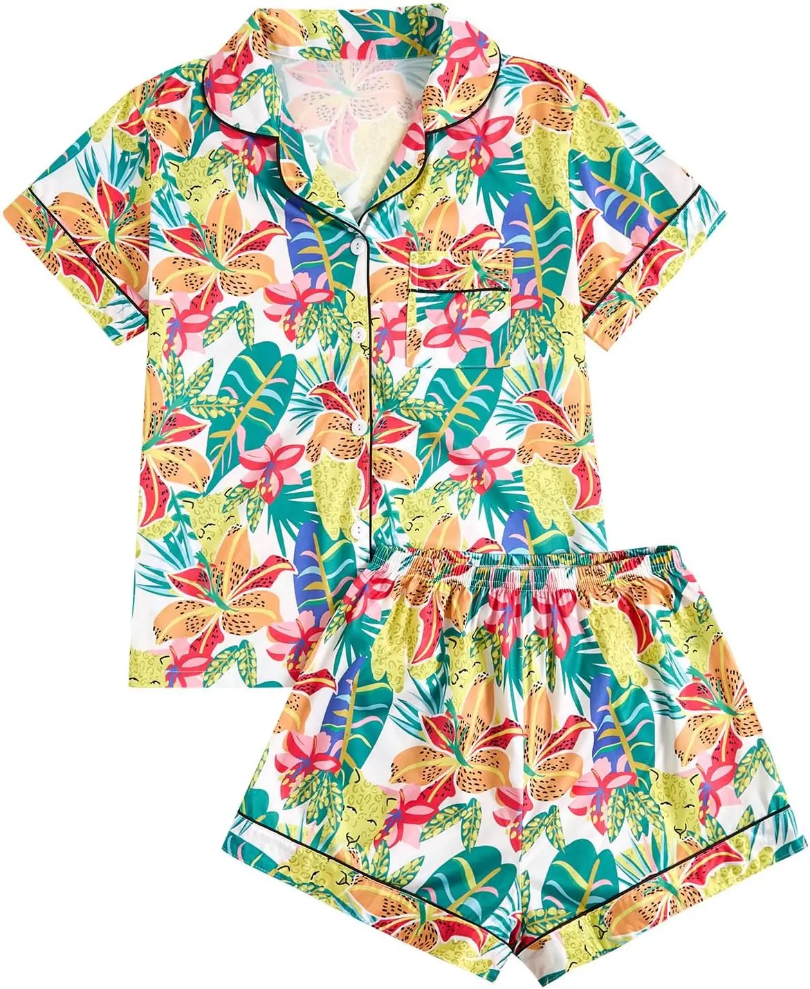 Pigiama floreale da donna con colletto dentellato e stampa pigiama in due pezzi