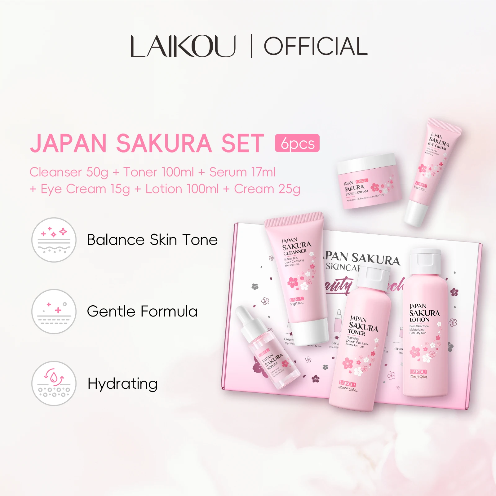 LAIKOU Japan Sakura Skincare Set - Hydrating & Tightening Facial Care Set - Balance Skin Tone & Nourishing Face Set - 6pcs Set