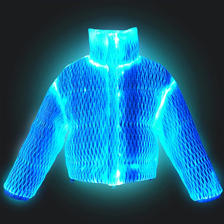 

New Fashion Fiber Optic Light Down Jacket Can Be Machine Washable Mens Hop LED Wave Jacket Hooded Light Up Jacket Men