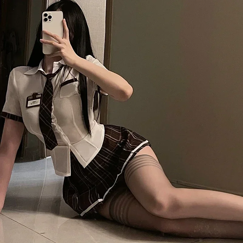 Sexy Student Uniform Set for Women School Girls Themed Party Cosplay Costume Mini Skirt Tight Blouse Set Outfit Lingerie Clubwea